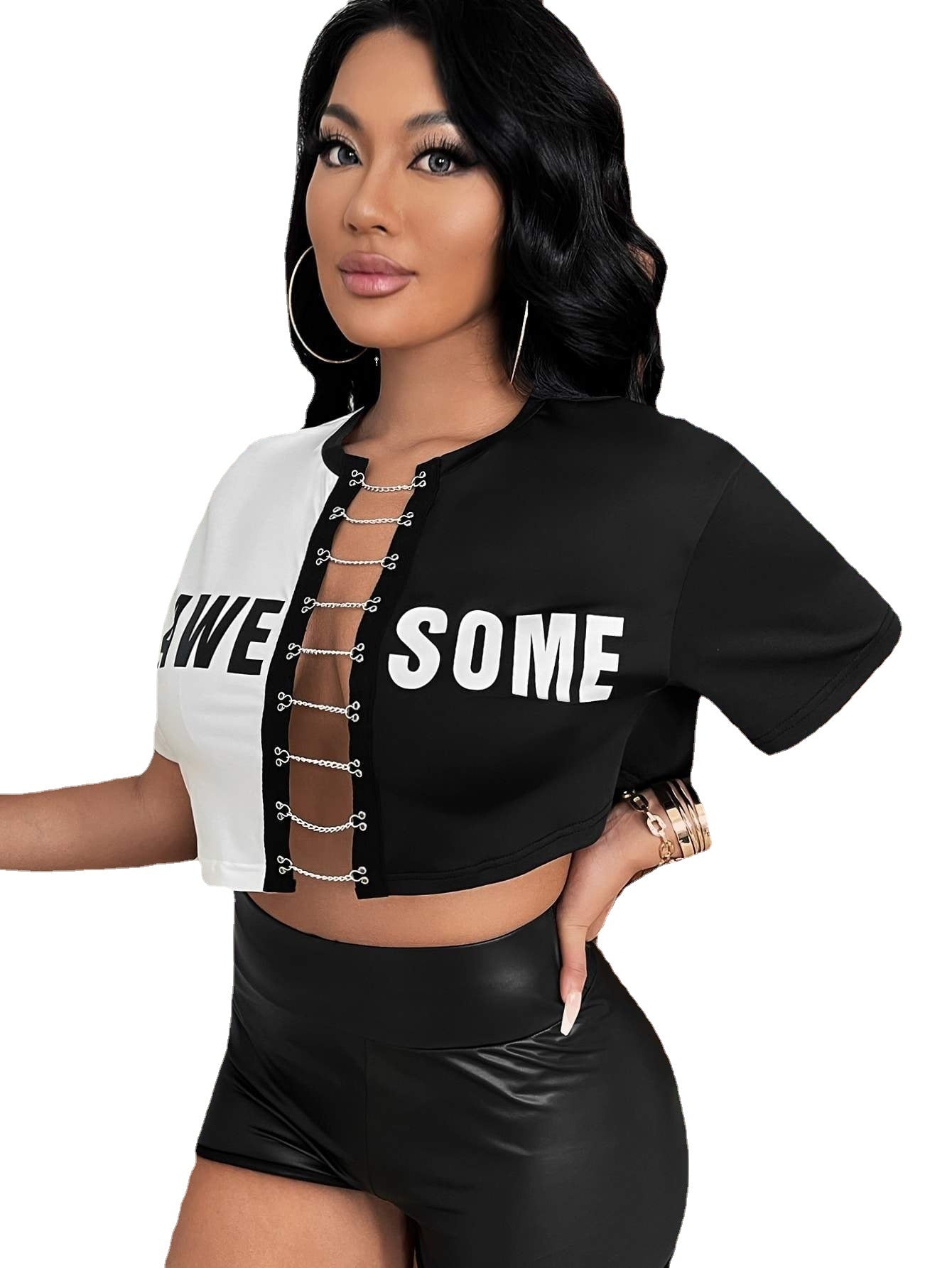 Women's Letter Print Cardigan - Round Neck T-Shirt