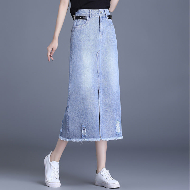 Women's A-Line Denim Skirt - Front Slit Midi Length