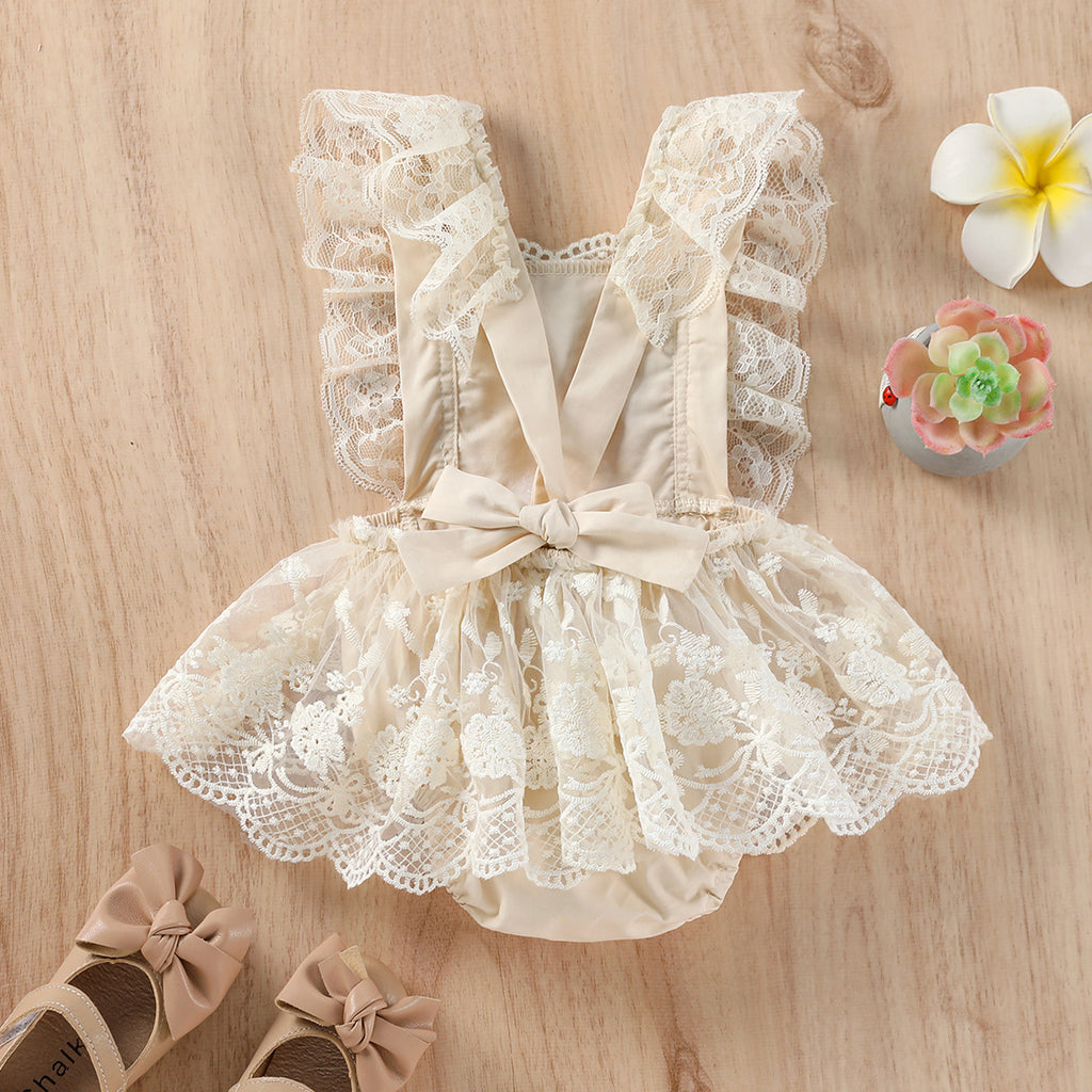 Girls' Lace Flutter Sleeve Romper Dress - Princess Style