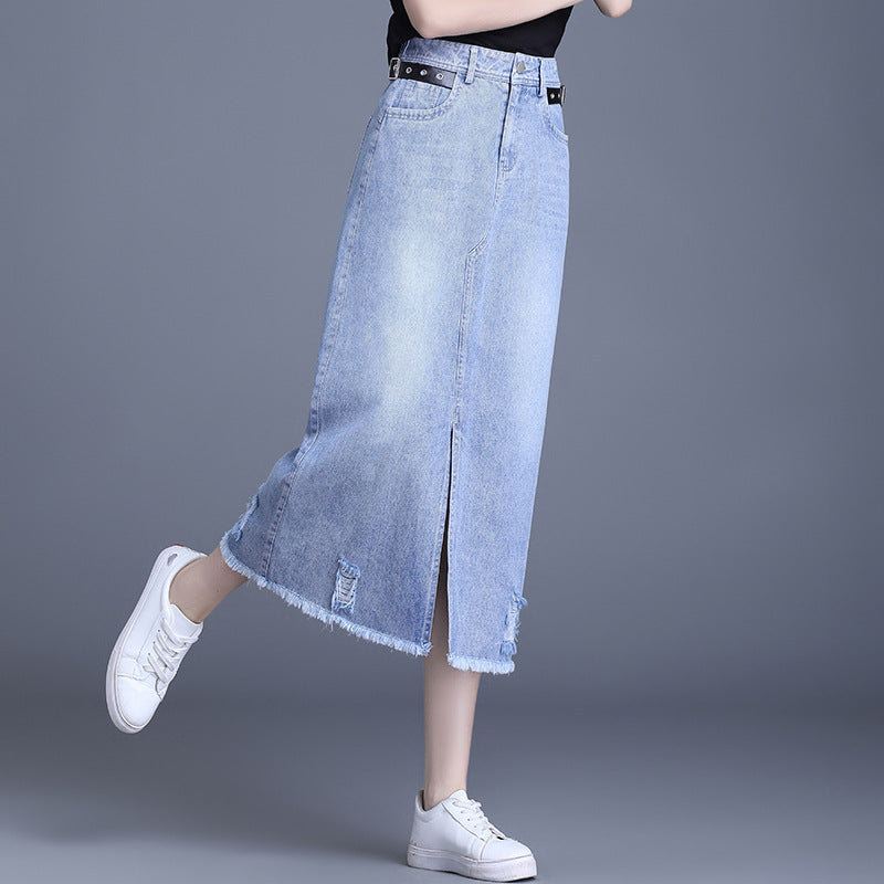 Women's A-Line Denim Skirt - Front Slit Midi Length