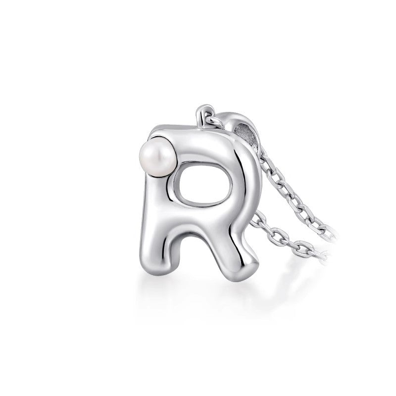 Silver Letter Pendant Necklace with Pearl Inlay (A-Z)