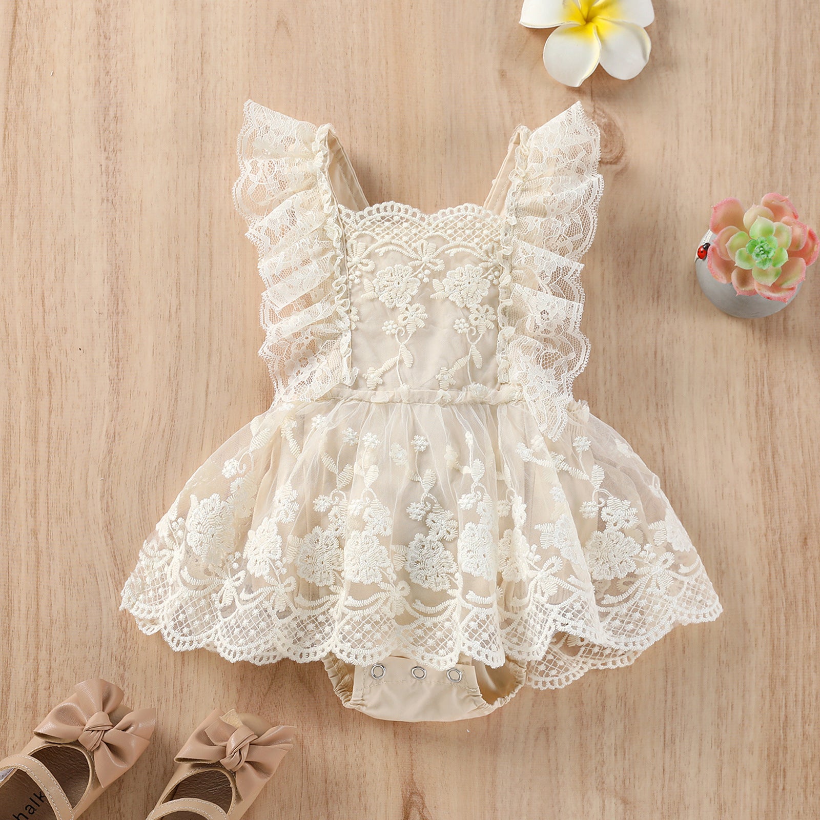 Girls' Lace Flutter Sleeve Romper Dress - Princess Style