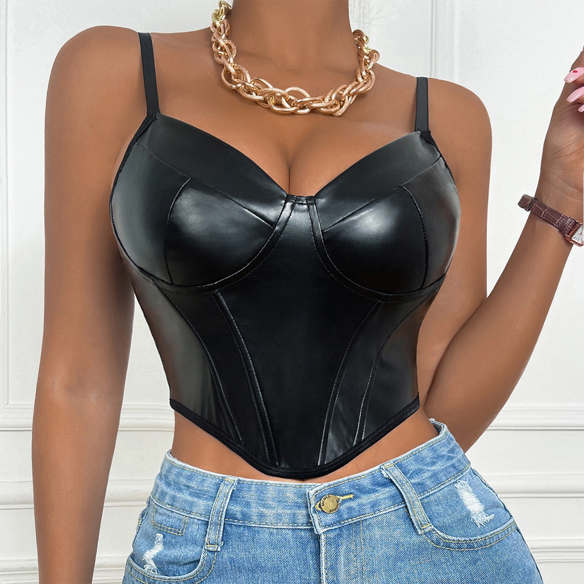 Women's Faux Leather Strap Crop Top - Slim Fit