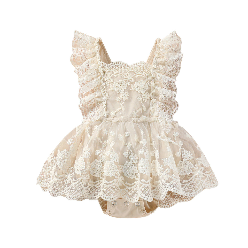 Girls' Lace Flutter Sleeve Romper Dress - Princess Style