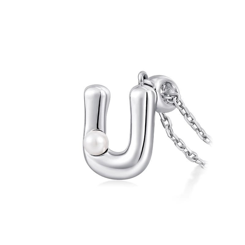Silver Letter Pendant Necklace with Pearl Inlay (A-Z)