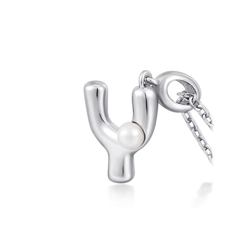 Silver Letter Pendant Necklace with Pearl Inlay (A-Z)