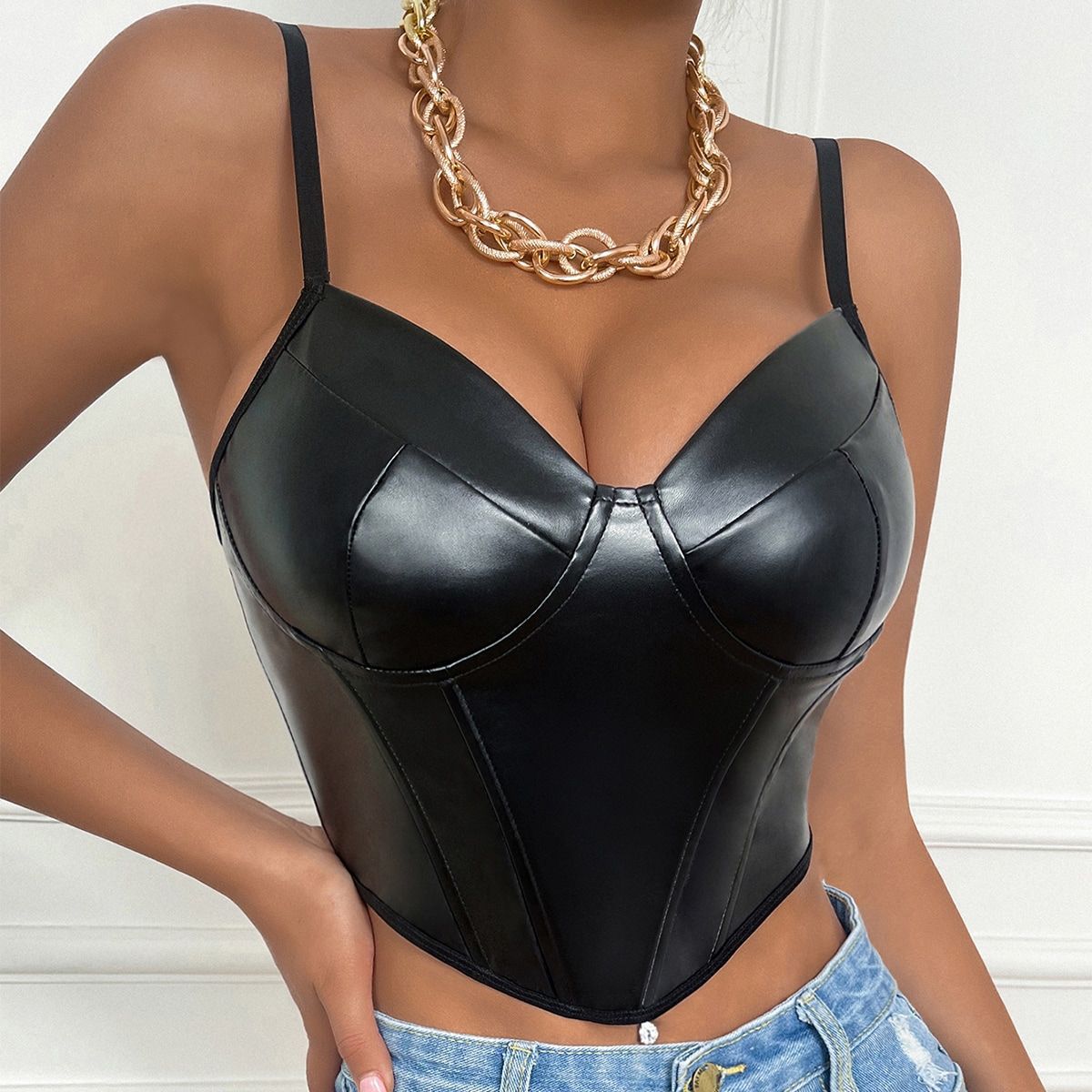 Women's Faux Leather Strap Crop Top - Slim Fit