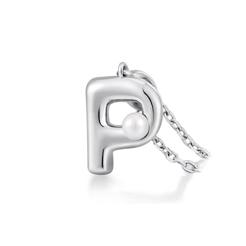 Silver Letter Pendant Necklace with Pearl Inlay (A-Z)