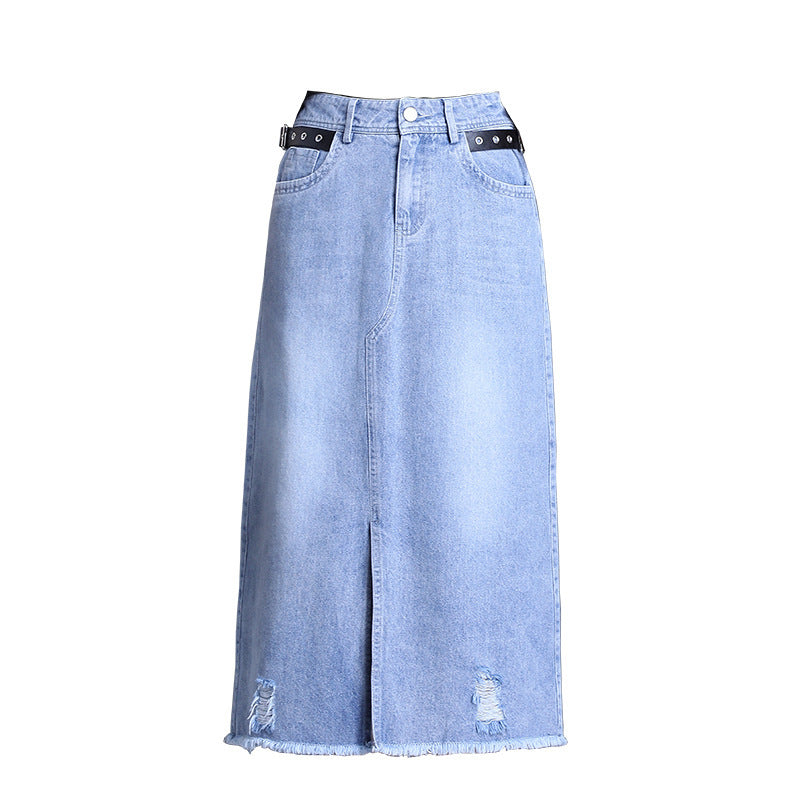 Women's A-Line Denim Skirt - Front Slit Midi Length
