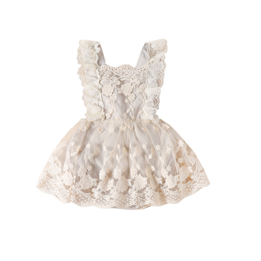 Girls' Lace Flutter Sleeve Romper Dress - Princess Style